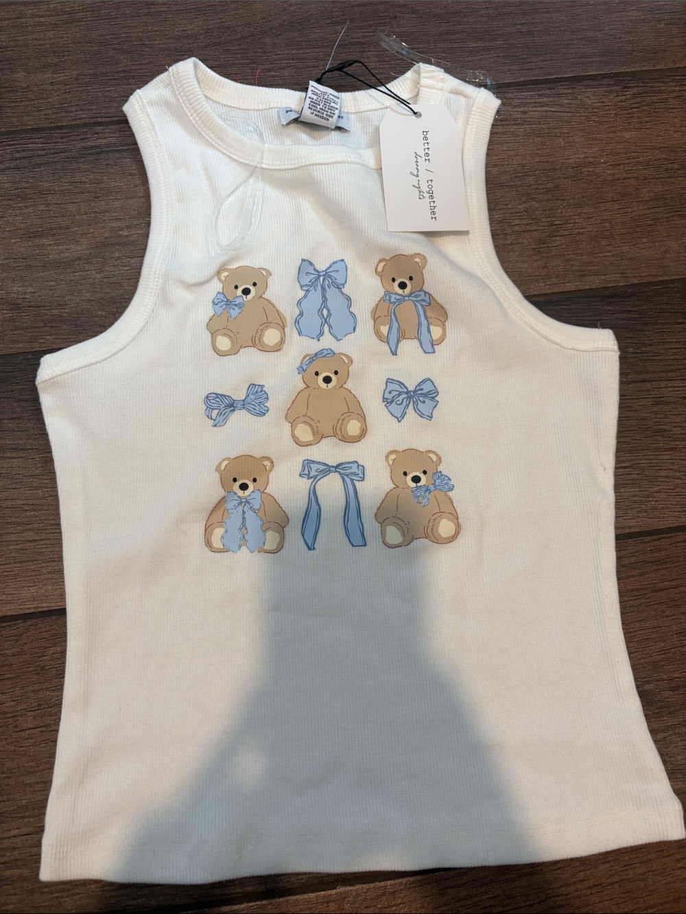 NEW White Ribbed Tank Top with Blue Bow & Teddy Bear Motif size small